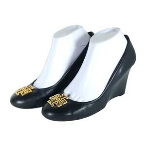 Tory Burch Women’s Melinda US 8M Black Leather Logo Slip On Wedge Pumps Shoes